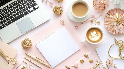 A stylish workspace with a laptop, coffee, stationery, and decorative items.