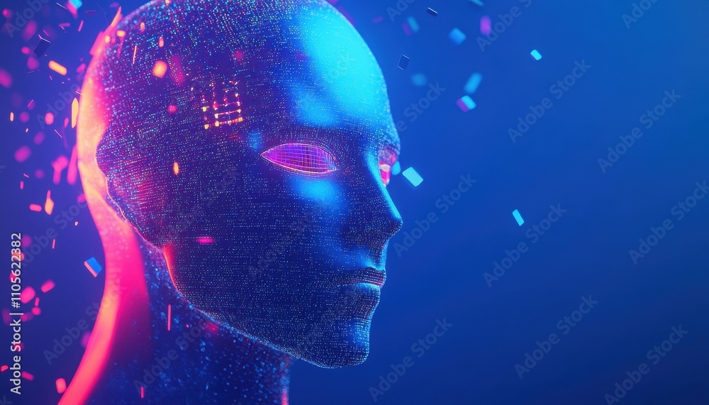 Poster Digital Head Composed Of Glowing Particles Shows Artificial Intelligence