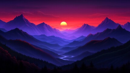 Obraz premium Vibrant Sunset Over Mountain Range with Purple Hues