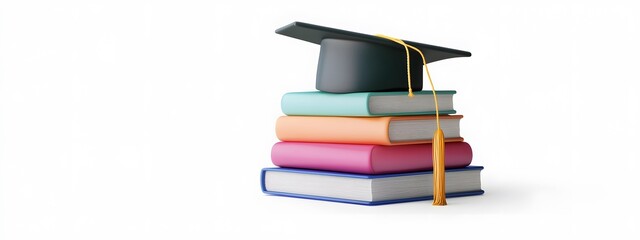 Graduation cap on top of colored books and a diploma