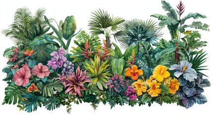 Fototapeta premium Vibrant tropical flowers and lush green foliage, including palm trees, banana plants, and hibiscus. AI generative. .