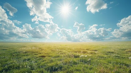 Obraz premium Sunny sky with fluffy clouds over a green field of wildflowers. AI generative. .