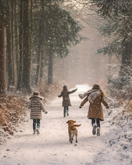 children running with dog in the snow through the park