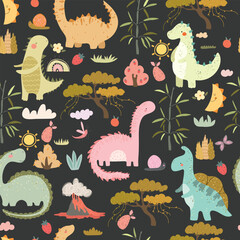 Hand drawn dino and cute cartoon nature. Seamless pattern with animal , plants, fruits, rainbows, moon and sun. Kids pattern with dino.  © Юлия Ткачук