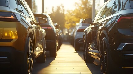 Naklejka premium Cars parked side by side in a dealership lot bright AI generated illustration