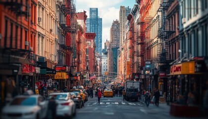 Fototapeta premium City Street Scene Vibrant Buildings Crowded Sidewalk
