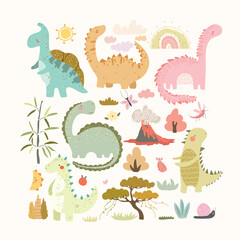 Set with  dino, plants, fruits, volcano, snails, rainbows,sun. Kids illustration, set with cute cartoon animals and nature. Vector illustration.

