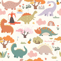 World of dinosaur and plants, doodle. Seamless pattern with hand drawn nature, dino,volcano on white background.