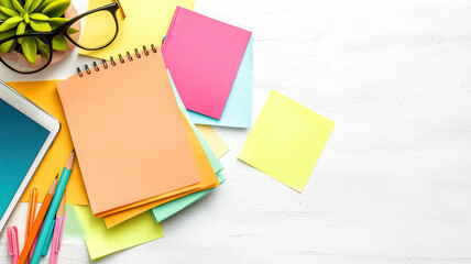 Colorful stationery on white desk with plant and tablet