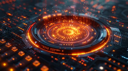 Futuristic glowing circuit board with orange lights. AI generative. .