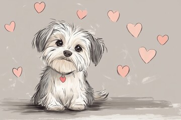 valentines dog doodle, simple valentines day dog drawing with pastel hearts, in a whimsical style against a subtle gray backdrop