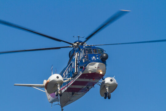 Helicopter bringing guests to New Island in the Falkland Islands, South Atlantic Ocean