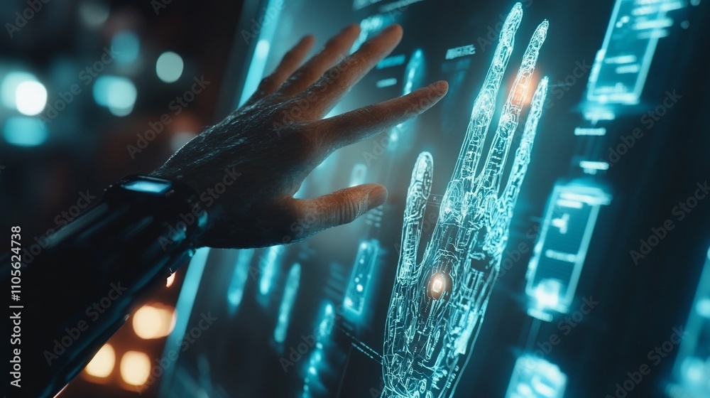 Poster robotic hand interacts with futuristic interface.