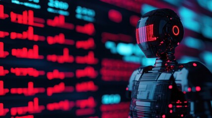 Futuristic robot analyzing glowing financial data in a high-tech environment business context urban setting close-up view innovative concept for future finance