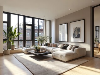 Modern Living Room Design With Large Windows and Neutral Tones