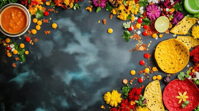 Colorful Cinco de Mayo themed food arrangement lay flat overhead view. Colorful tortilla chips, flowers create festive atmosphere. Colorful spices, condiments scattered around. Perfect for Cinco de
