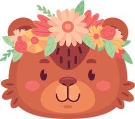 Cute spring bear face. Animal in floral wreath