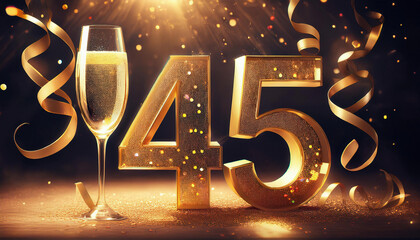 A festive celebration scene displays the number 45 in golden numerals alongside a champagne glass and decorative ribbons against a dark, sparkling backdrop.