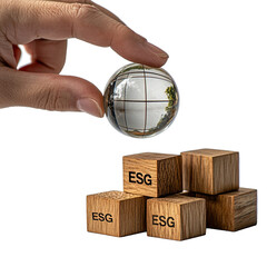 Hand Grasping Shiny Sphere Alongside Wooden Blocks Engraved With Esg Letters Emphasizing Environmental Concern. Isolated on a Transparent Background. Cutout PNG.