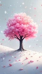 Obraz premium Pink tree stands alone in snowy landscape. Pink flower petals softly fall around tree. Snowy hill gently slopes up to tree. Calm, serene scene. Spring season winter with bloom. Peaceful, beautiful