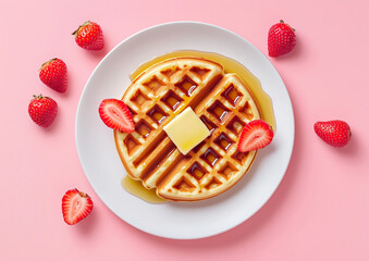 Waffles with butter and maple syrup on a white plate with a pink background