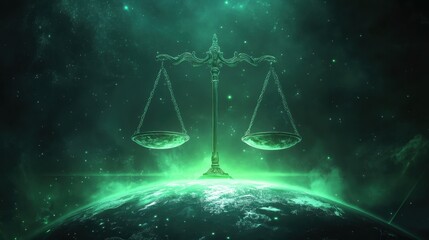A conceptual representation of justice with balanced scales resting on Earth, framed by radiant green light