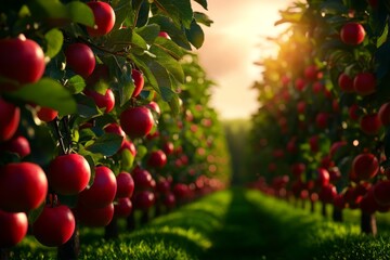 Sunlit Apple Orchard with Rows of Red Apples on Trees