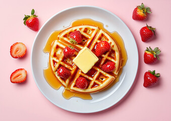 Waffles with butter and maple syrup on a white plate with a pink background