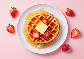 Waffles with butter and maple syrup on a white plate with a pink background