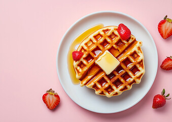 Waffles with butter and maple syrup on a white plate with a pink background