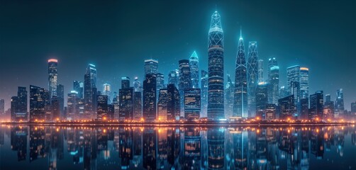 Fototapeta premium Futuristic smart city at night. Skyscrapers with vibrant digital network connections. City reflects in calm water. Modern tech eco city at night. Advanced infrastructure, futuristic architecture.