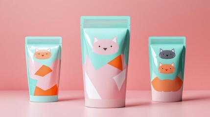 Cat food packaging concept. Bold, modern packaging with geometric patterns and cat icons, futuristic design