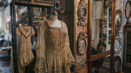Naklejka premium Vintage victorian dress display in antique boutique with ornate mirrors