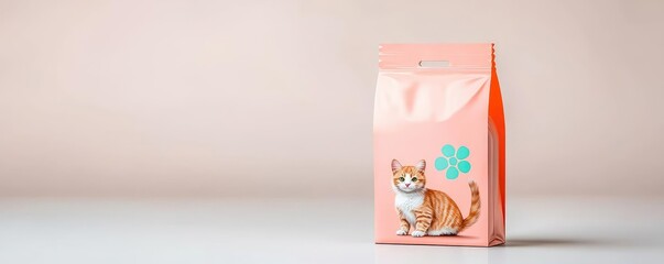 Cat food packaging concept. Bold typography on a cat food bag with minimalist artwork, modern branding