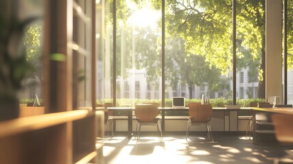 Obraz premium Contemporary workspace with large windows a blurred AI generated illustration