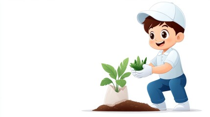 Young Cartoon Character Growing Vegetables in a Fertile Garden
