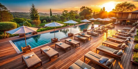Aerial View of Luxurious Wooden Sunbeds and Parasols by a Swimming Pool on a Wooden Deck During Evening at a High-End Hotel, Perfect for Outdoor Recreation and Relaxation