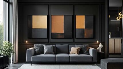 Obraz premium Modern Minimalist Living Room with Dark Walls and Abstract Art, Featuring Stylish Sofa and Elegant Decor for a Contemporary Home Aesthetic
