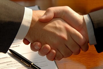 Obraz premium A detailed view of a handshake taking place over a formal contract, capturing the moment of sealing an important business agreement and mutual commitment in a partnership.