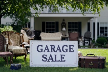 Garage sale sign on the lawn of a suburban home. Vintage rusty metal sign. Clothes rack, old-fashioned suitcases, garden tools and interior goods selling at garage market in backyard. Flea market.