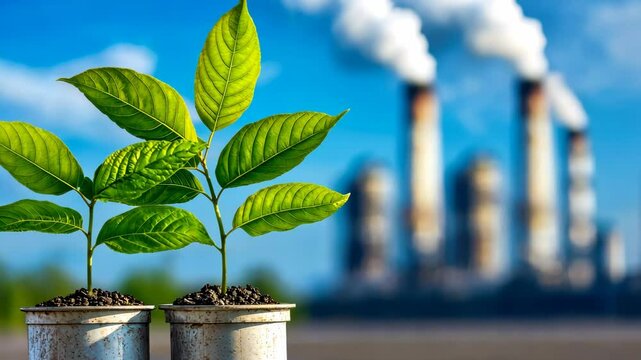 A clear blue sky over an industrial city, symbolizing the environmental impact of reduced carbon emissions from cleaner energy sources.