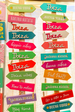 Signs, Las Dalias Hippy Market, Sant Carles de Peralta, Ibiza, Balearic Islands, Spain, Mediterranean