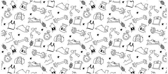 gym fitness workout doodle hand drawing seamless pattern background cute, monochrome, sport healthy heavy weight lifting