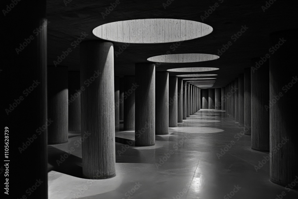 Poster dramatic black and white interior with columns and light shafts, creating an atmosphere of mystery a
