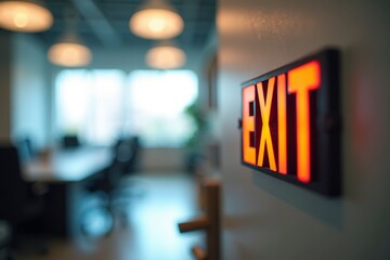 Open door with exit sign, symbolizing the freedom and opportunity to leave behind the past and embrace new beginnings, encouraging a sense of liberation and forward movement.