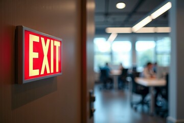 Open door with exit sign, symbolizing the freedom and opportunity to leave behind the past and embrace new beginnings, encouraging a sense of liberation and forward movement.