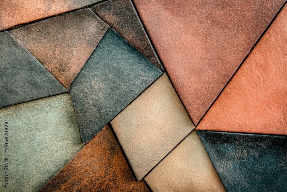 Fototapete An abstract composition of geometric shapes in earthy tones, featuring angular patterns and textures that create a sense of movement and depth.