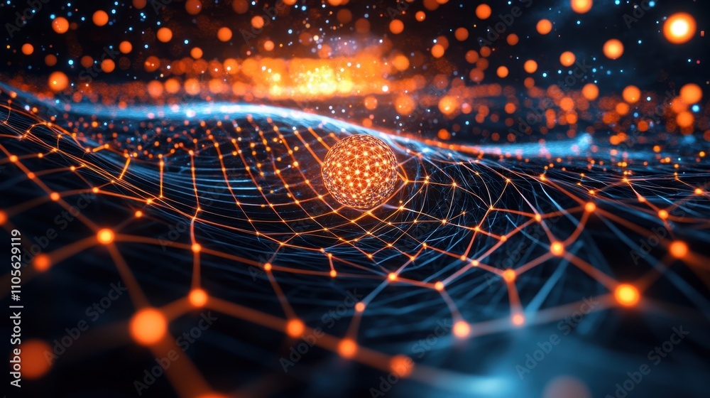 Poster a depiction of quantum systems in simulation, featuring dynamic models, entangled particles, and glo