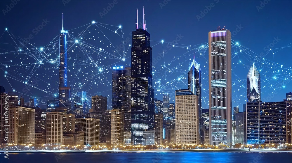 Poster an urban skyline with interconnected digital lines symbolizing smart city technology stock photo wit