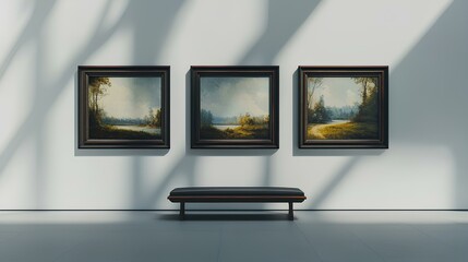 Elegant Gallery Display Featuring Three Landscape Paintings, Soft Natural Lighting, Modern Minimalist Space with Shadows on Wall, Serene Atmosphere and Artistic Presentation